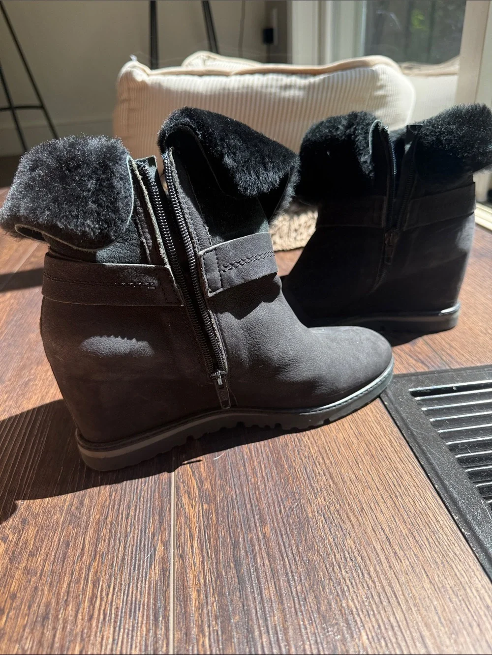 Black Suede Shearling-Lined Wedge Booties